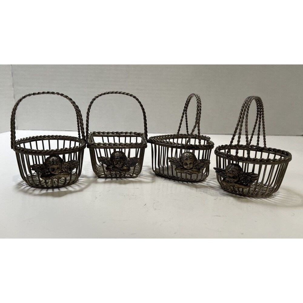 Vintage Miniature Woven Wire Baskets with Cherubs and Handles Set Of 4 Shapes